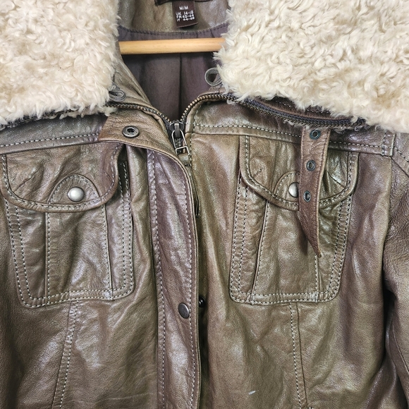 Vintage Leather Jacket Green Aviator Shearling Collar Cuffs 1990s Womens Medium - Picture 3 of 16